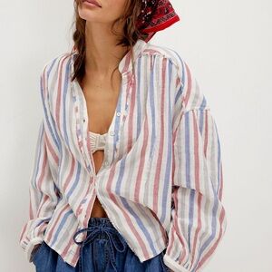 Free People We The Free  Casual Striped Shirt - Red, Blue, and White